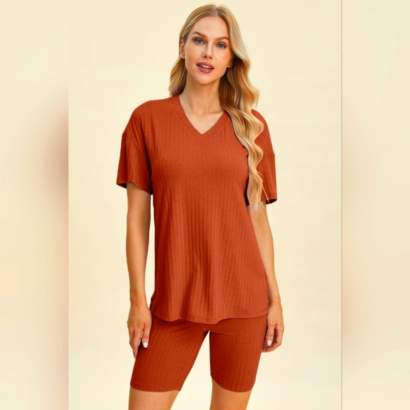 Basic Bae Full Size Ribbed V-Neck Short Sleeve Top and Shorts Set - Picture 1 of 7
